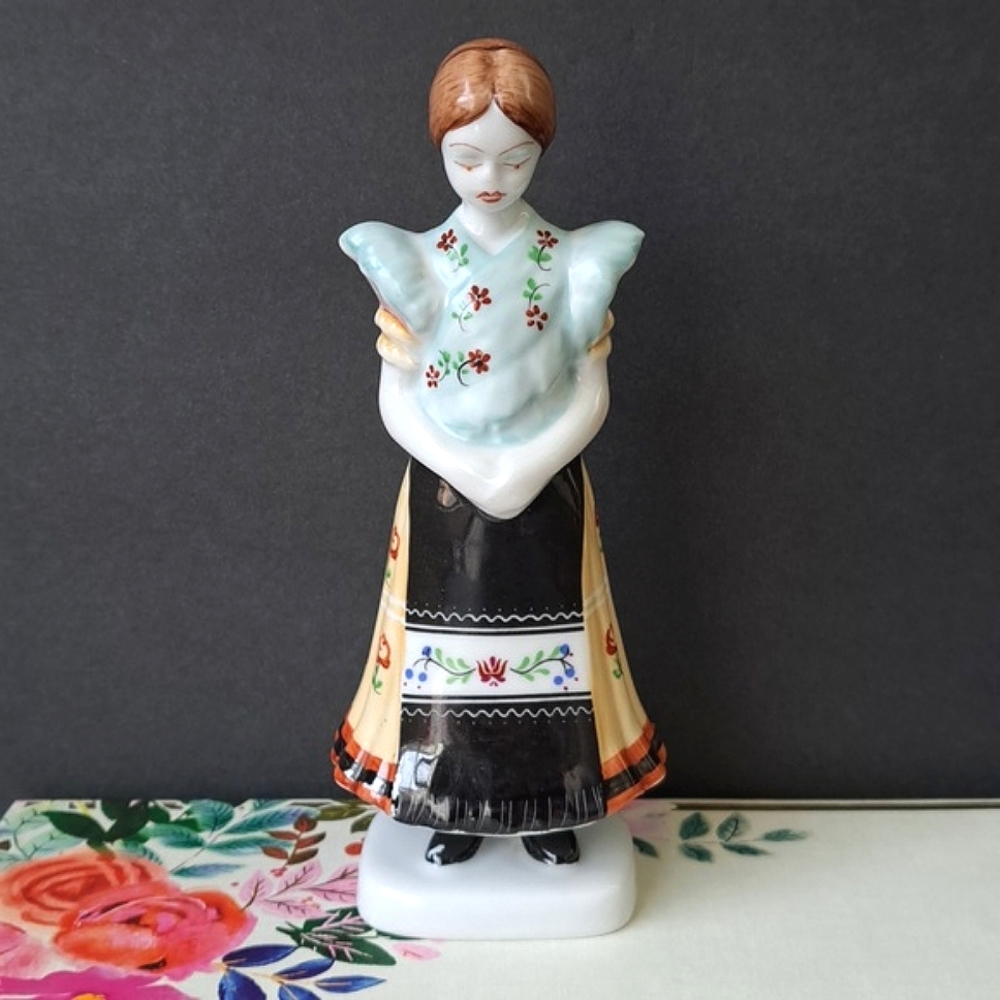 Vintage Hollohaza Hungarian Porcelain Girl Figurine Hand Painted Traditional